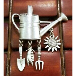 JJ Jonette Pewter Watering Can Sunflower Peas Gardening Tool Charms Brooch 2.5"